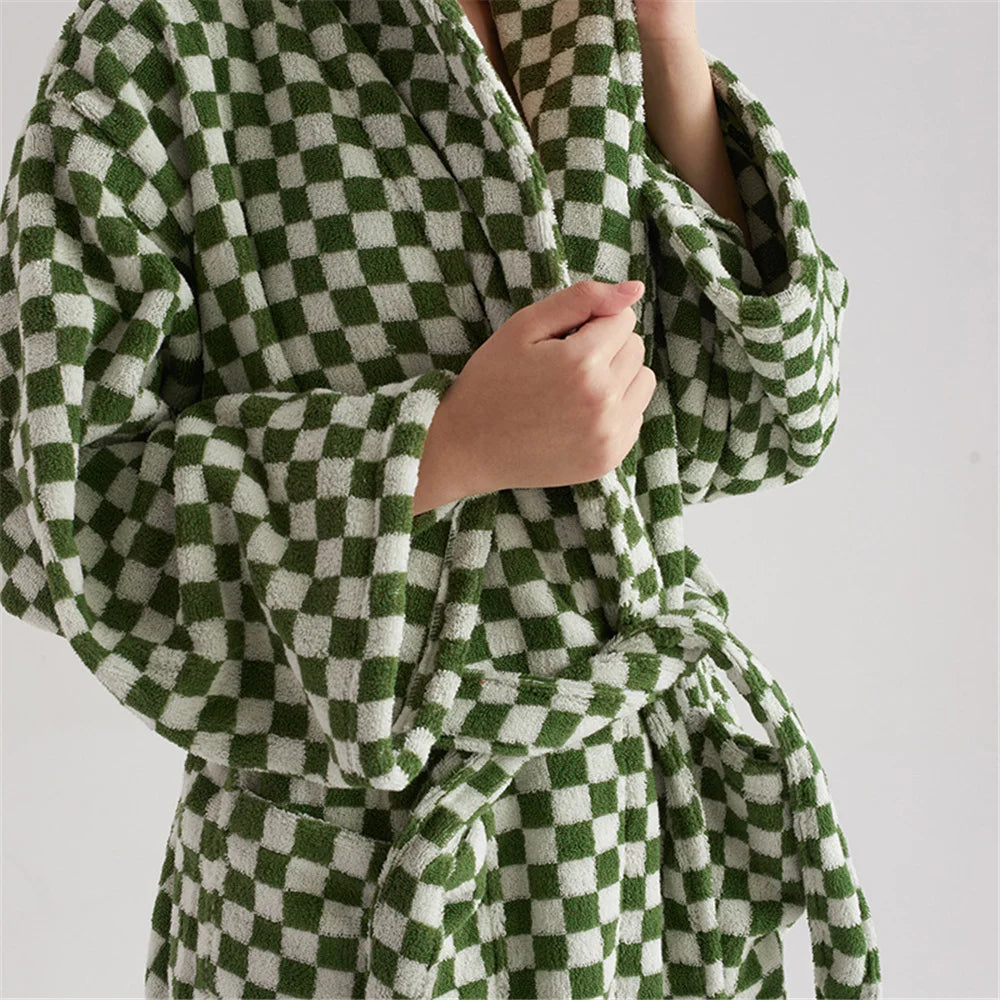 green check dressing gown Mens Dressing Gown Luxury Bath Robe Super Soft Long Sleeve Warm Fleece Housecoat